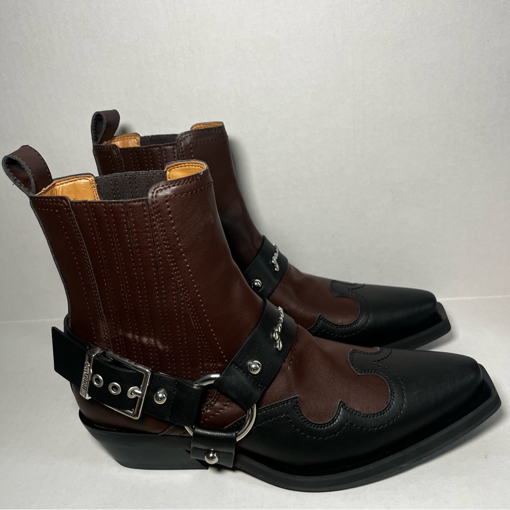 GANNI Brown Black Chelsea Fitted Western Boots SZ 39